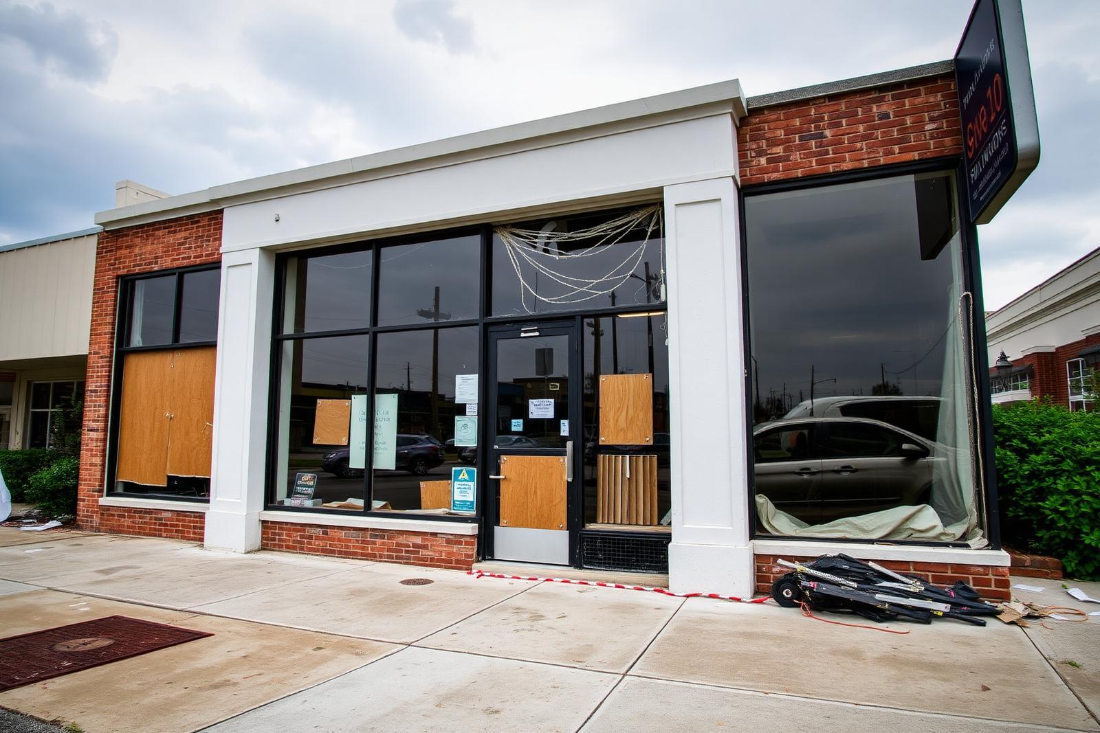 Commercial storefront with hurricane and wind damage documented for a business interruption insurance claim
