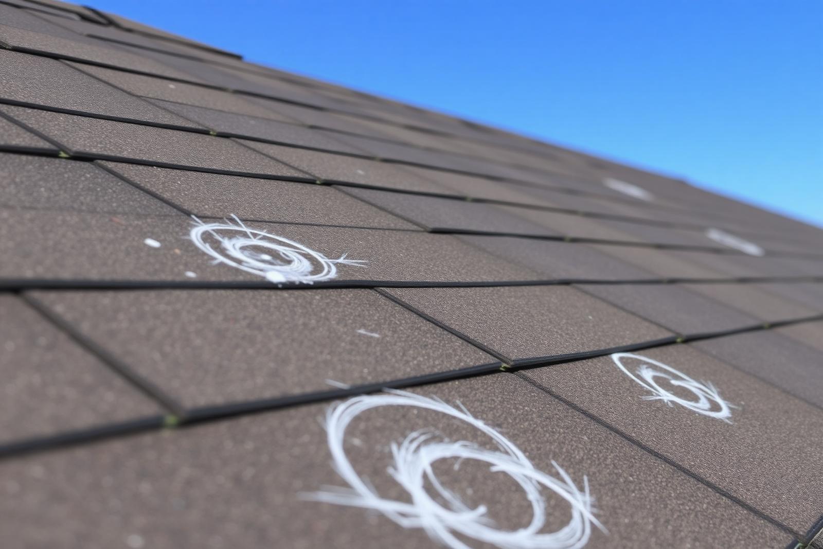 Hail damage marked with chalk circles on an asphalt shingle roof during a Texas insurance claim inspection
