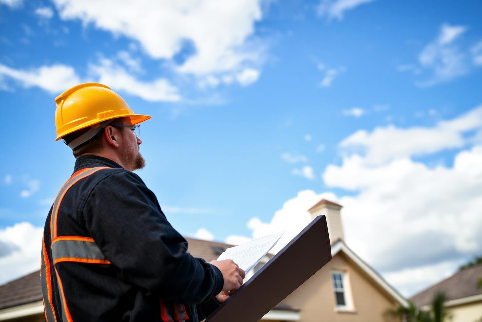 Licensed public adjuster inspecting hurricane roof damage on a Texas home for an insurance claim