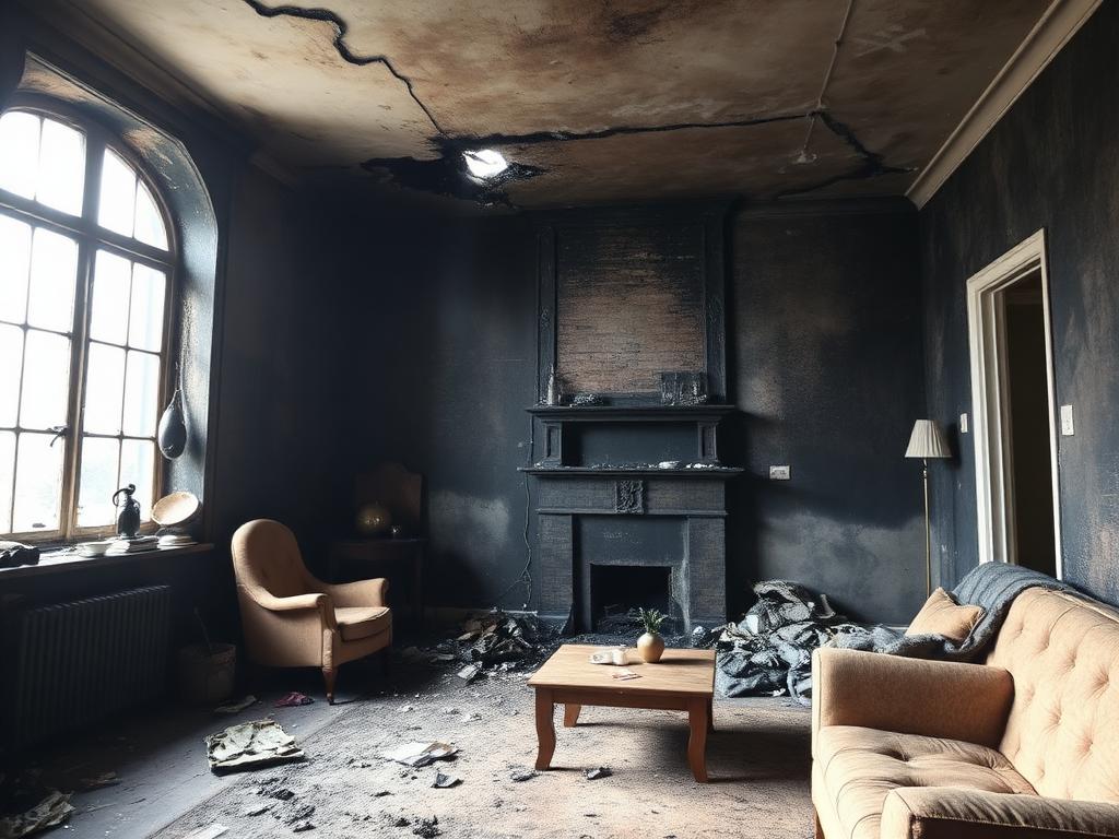 Fire and smoke damaged living room with charred walls documented for a property insurance claim