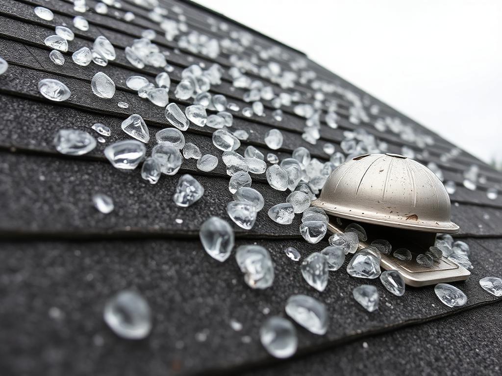Large hailstones on an asphalt shingle roof with visible hail bruising and a dented roof vent