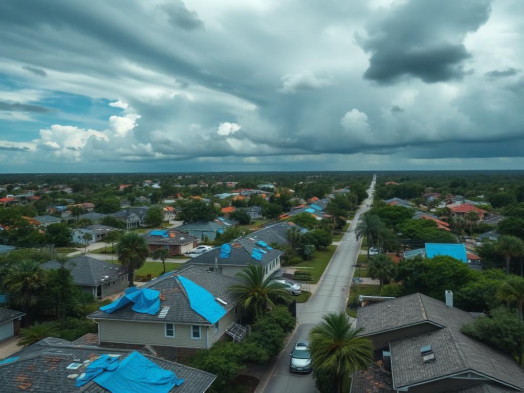 Hurricane-damaged neighborhood with blue tarps covering torn-off roofs after a named storm