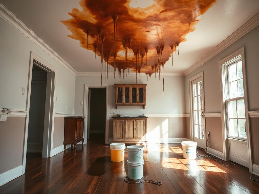 Home ceiling with water stains dripping onto a hardwood floor from a burst pipe insurance loss